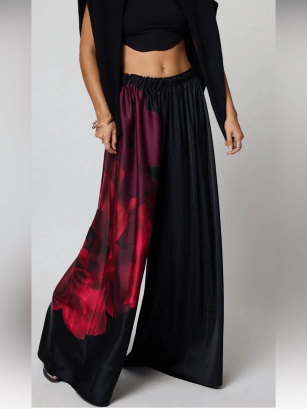 STILLWATER | Black Wide Leg Pants with Red Floral Panel - Soldout